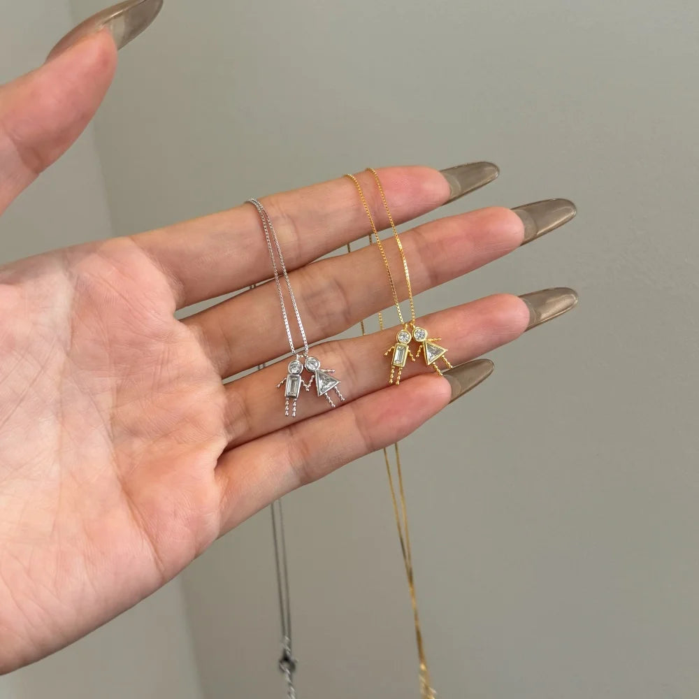 Silver Zircon Triangle Cut Girl & Boy Pendant Necklace