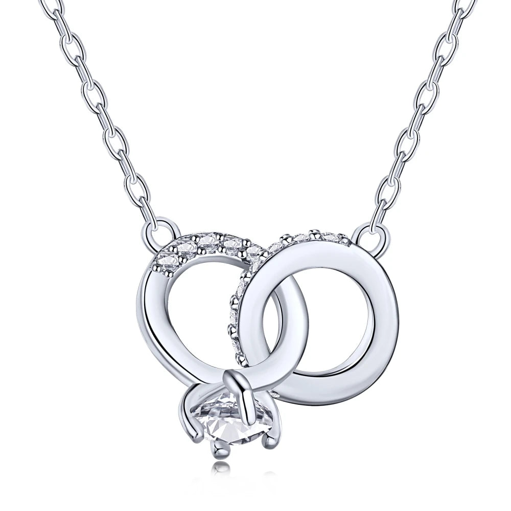 Silver Zircon Round Cut Interlocking Ring Pendant Necklace