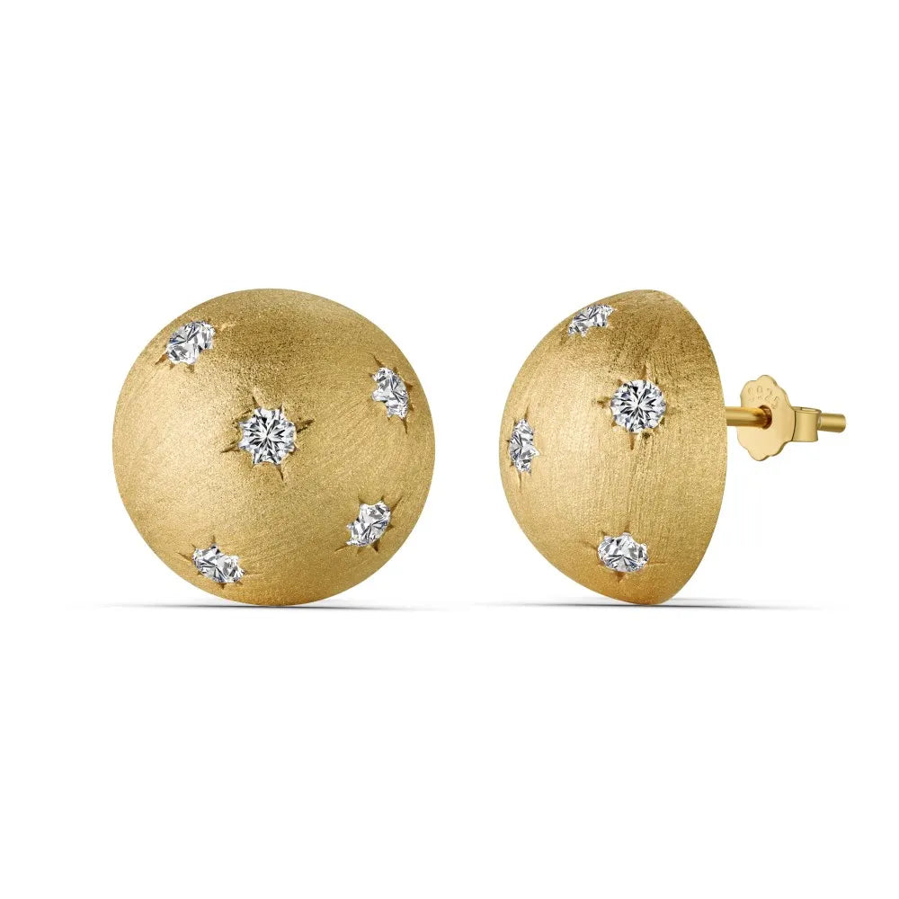 Silver Zircon Round Cut Brushed Inlaid Sphere Ear Studs
