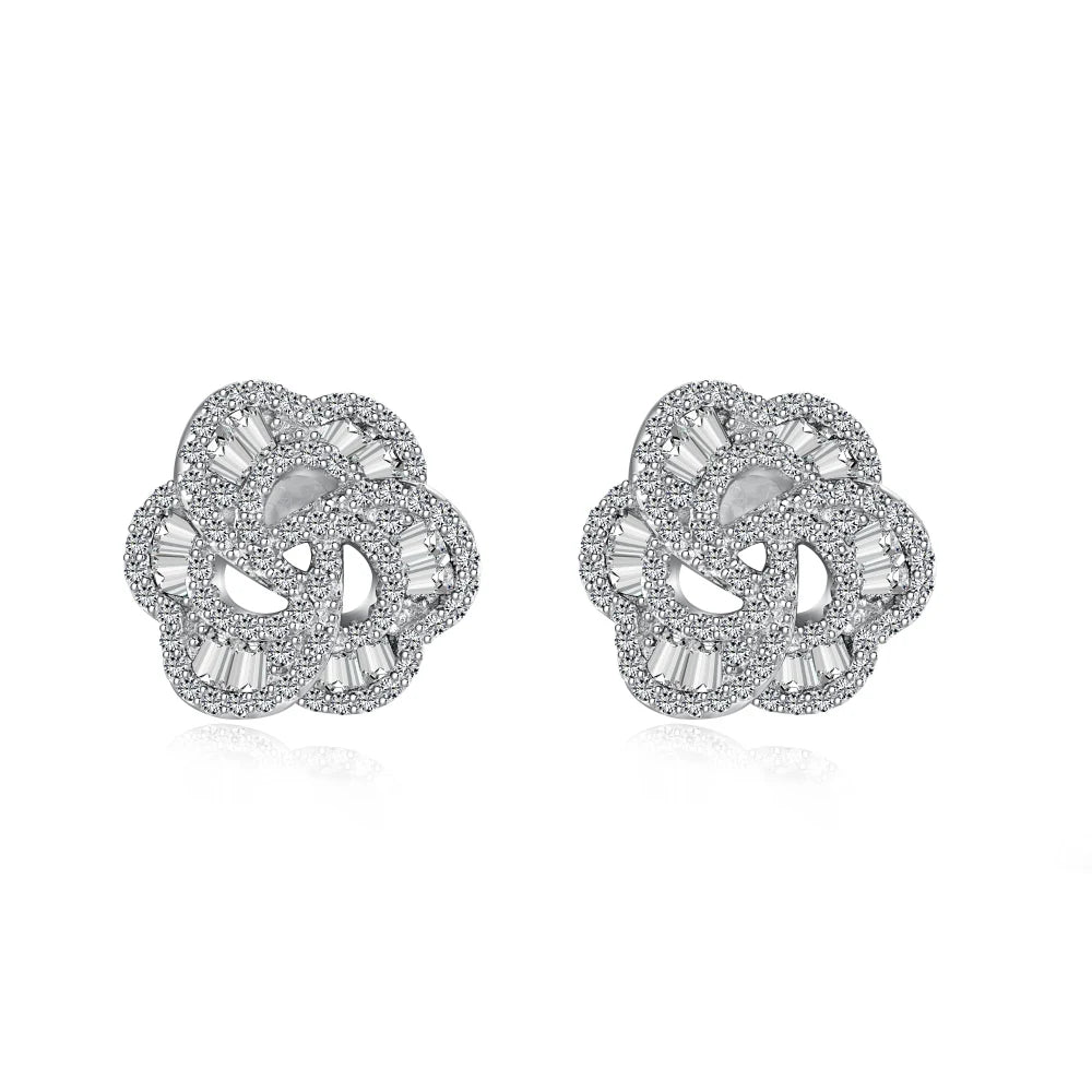 Silver Zircon Tapered Baguette Cut Iced Flower Ear Studs