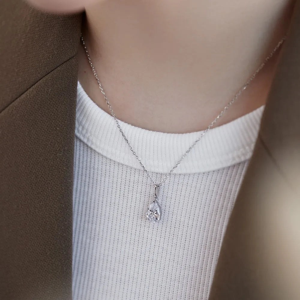 Silver Zircon Pear Cut Tear Pendant Necklace