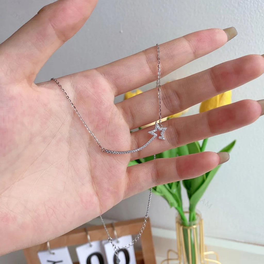 Silver Zircon Round Cut Star Bar Necklace