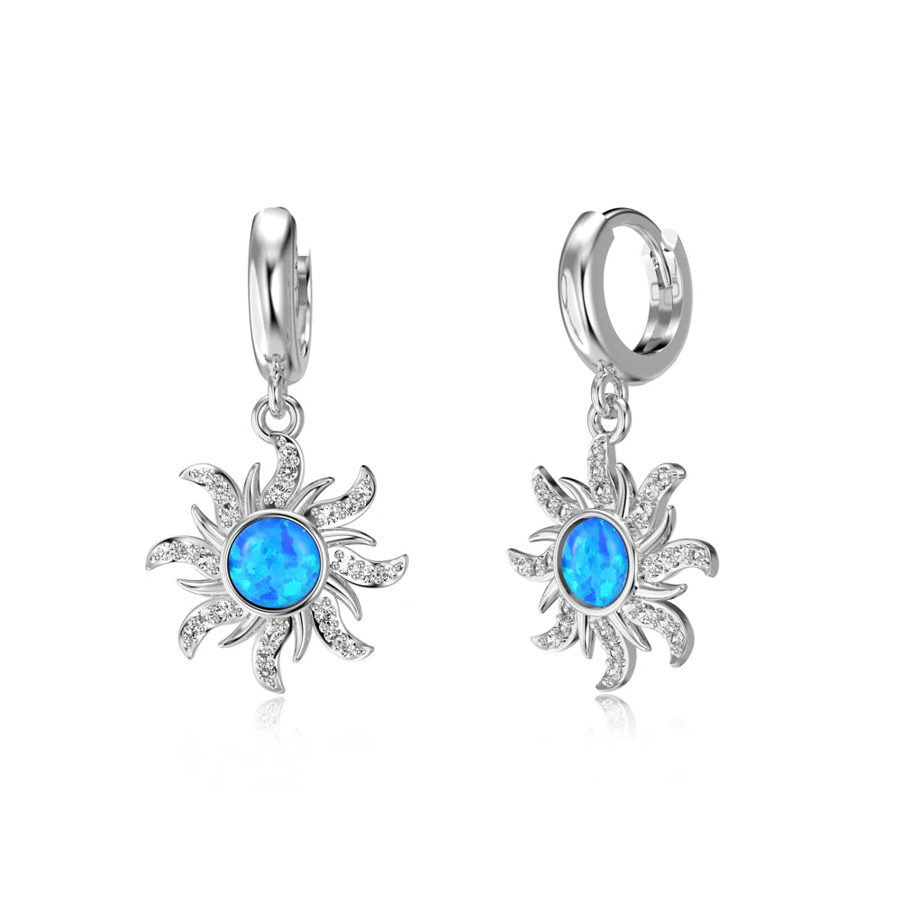 Silver Opal Round Cut Sunshine Huggie Earrings