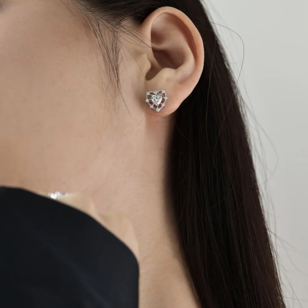 Silver Zircon Heart Cut Halo Multi Layer Ear Studs