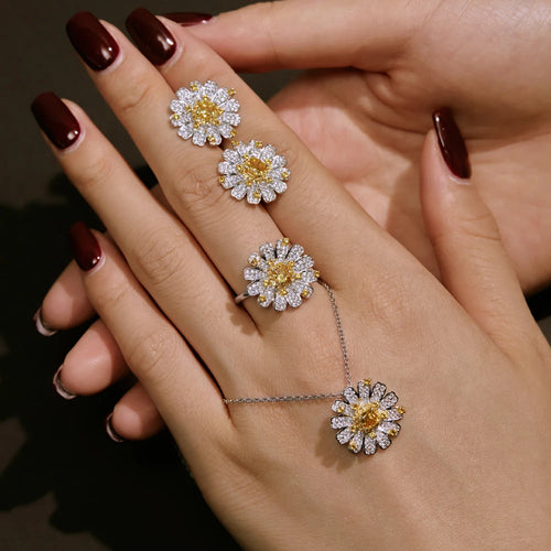 Silver Zircon Cushion Square Cut Halo Sunflower Ear Studs