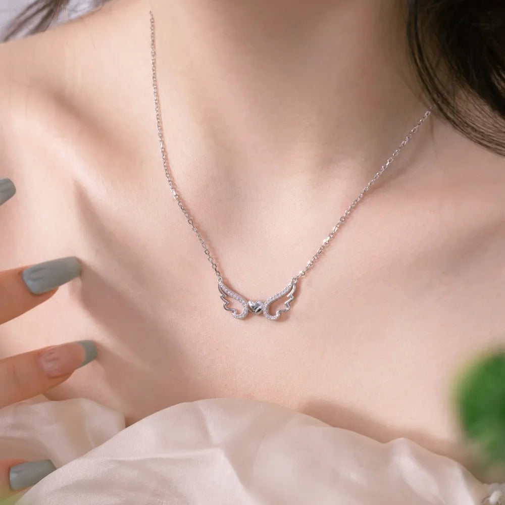 Silver Zircon Round Cut Inlaid Heart Wings Bar Necklace