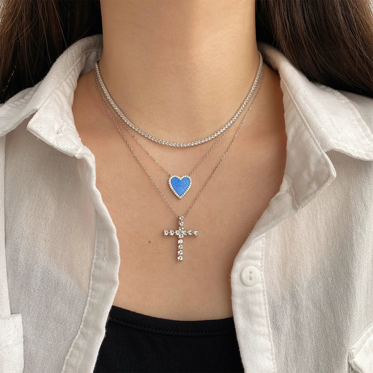 Silver Opal Heart Cut Halo Pendant Necklace