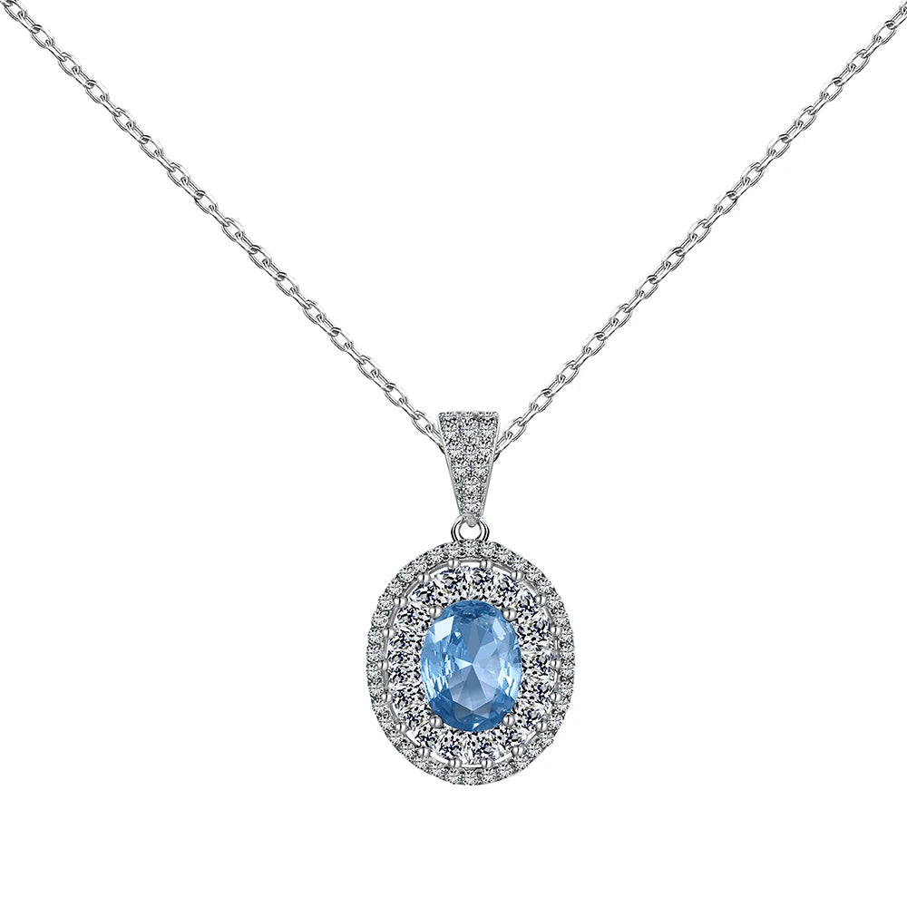 Silver Zircon Oval Cut Inlaid Halo Orb Pendant Necklace