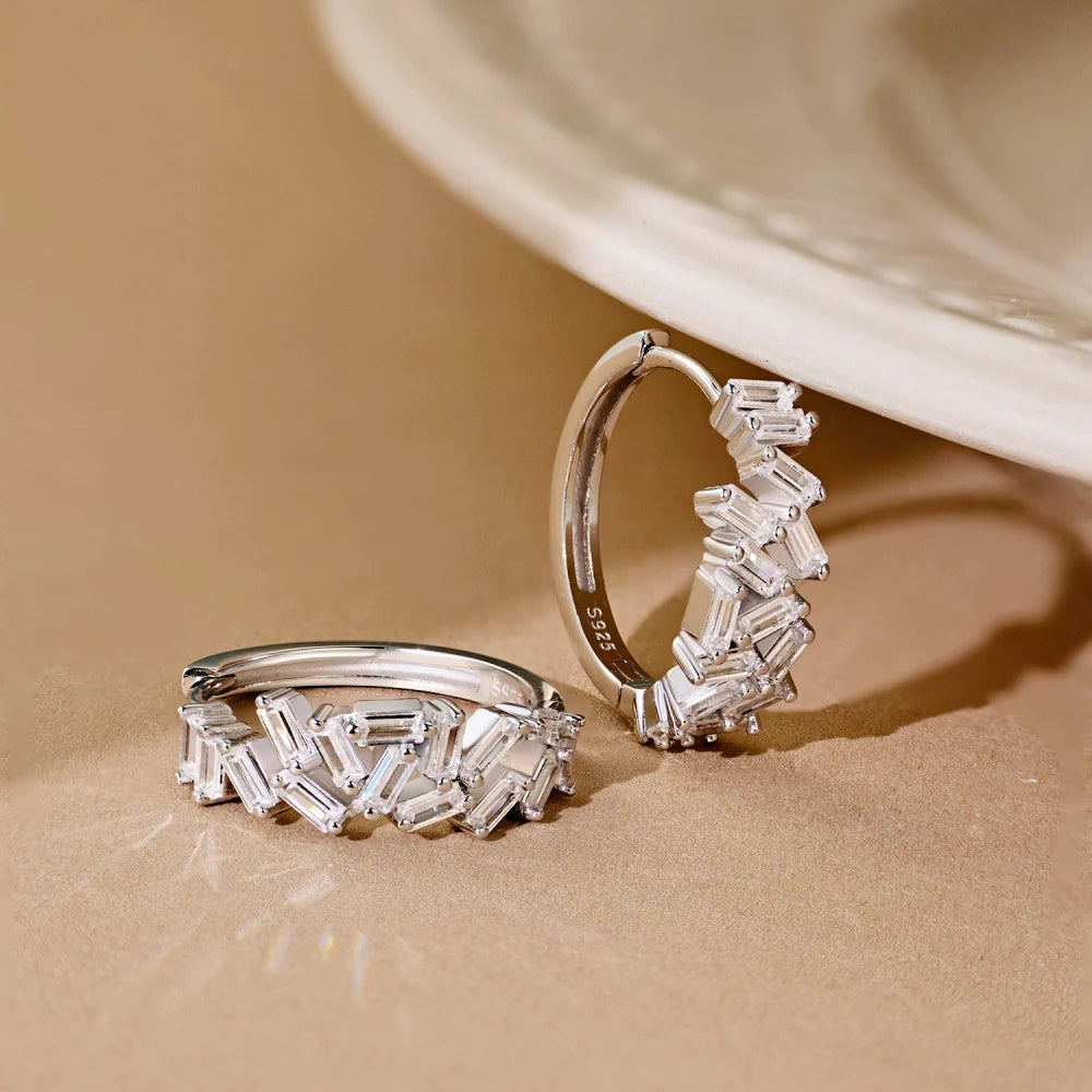 Silver Zircon Baguette Cut Irregular Ear Hoops
