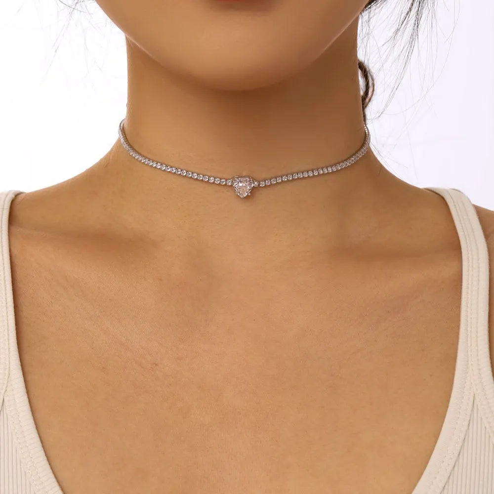 Silver Zircon Heart Cut Inlaid Layered Tennis Necklace