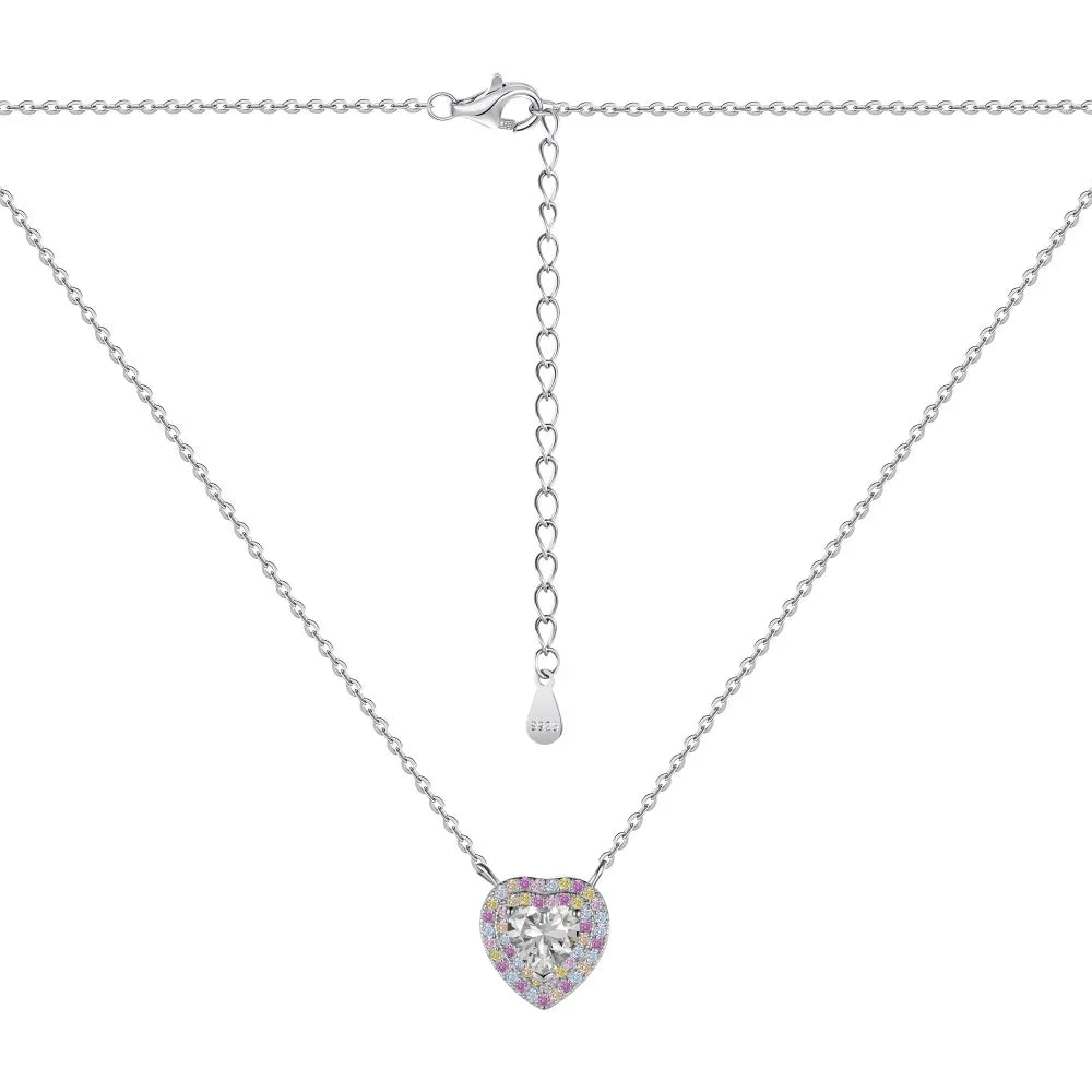 Silver Zircon Heart Cut Iced Halo Pendant Necklace
