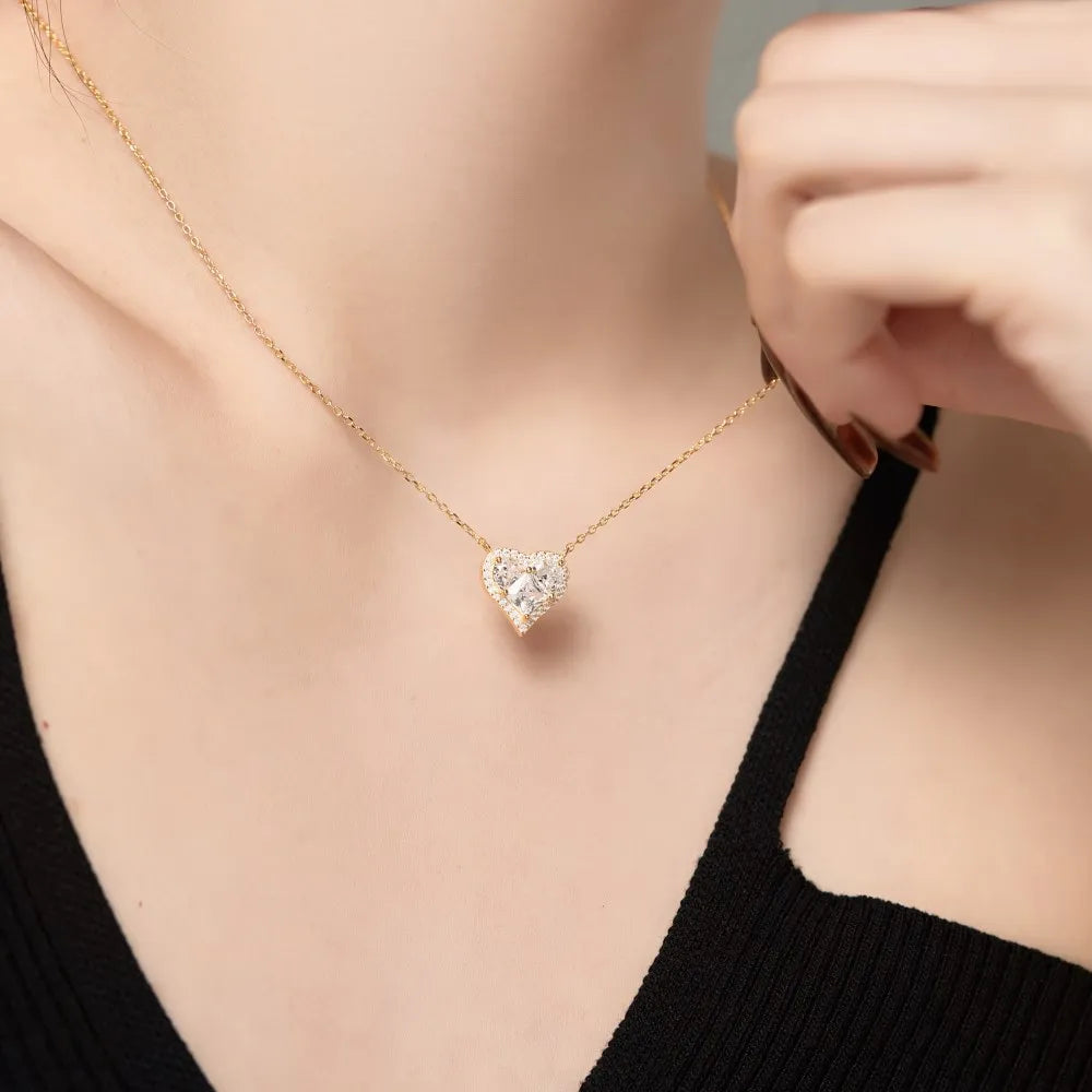 Silver Zircon Princess Cut Halo Heart Pendant Necklace