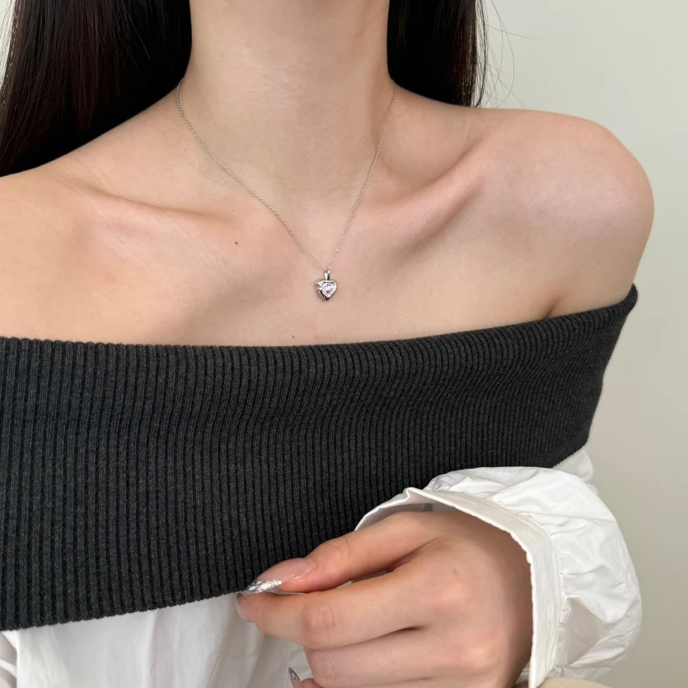 Silver Zircon Heart Cut Melting Heart Pendant Necklace