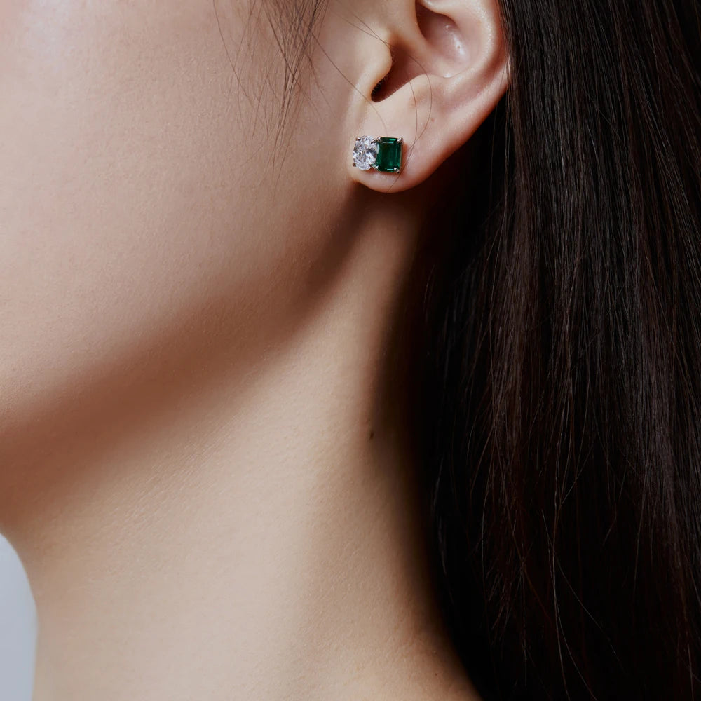 Silver Zircon Emerald Cut Multi Shape Ear Studs