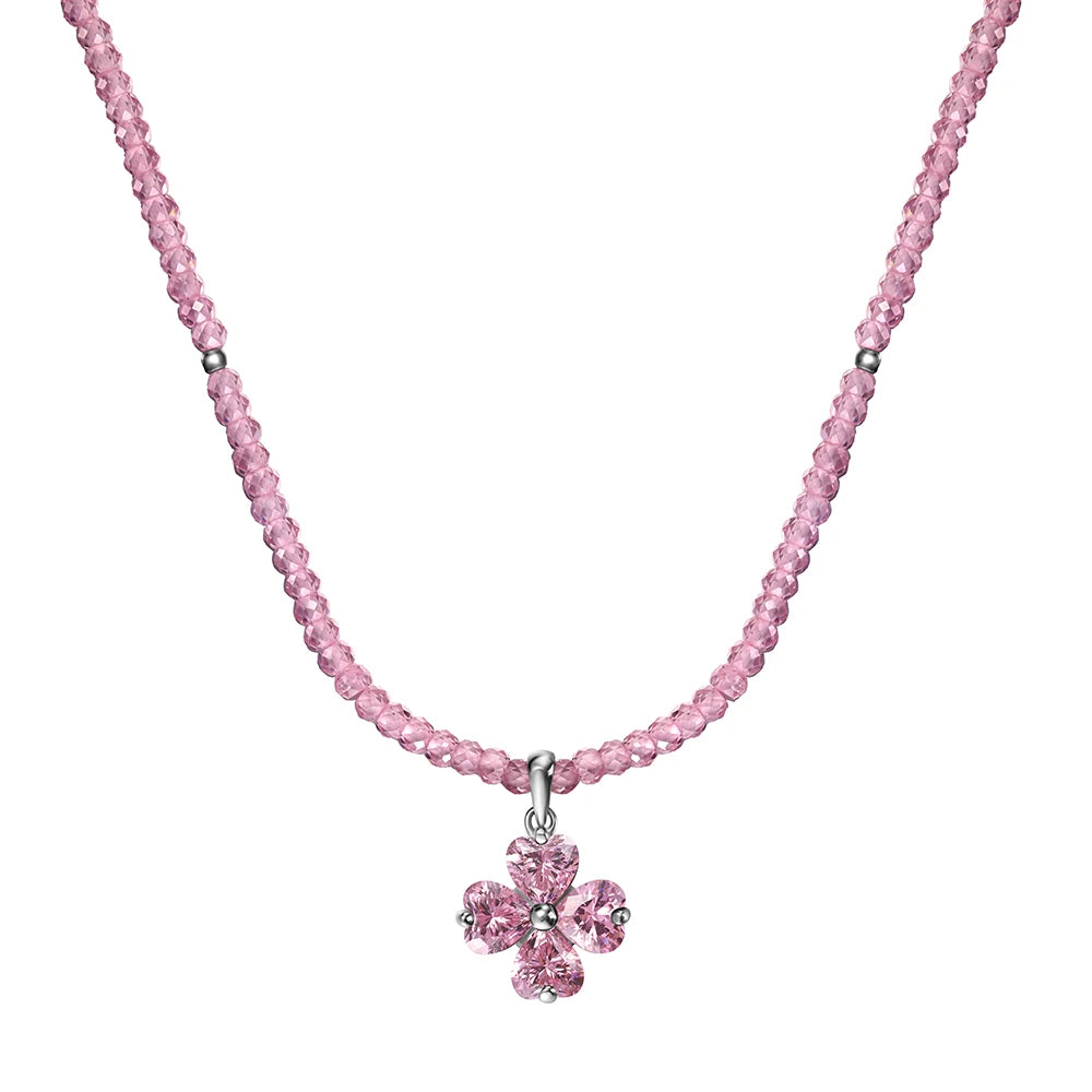 Silver Zircon Heart Cut 4 Leaf Clover Beaded Necklace