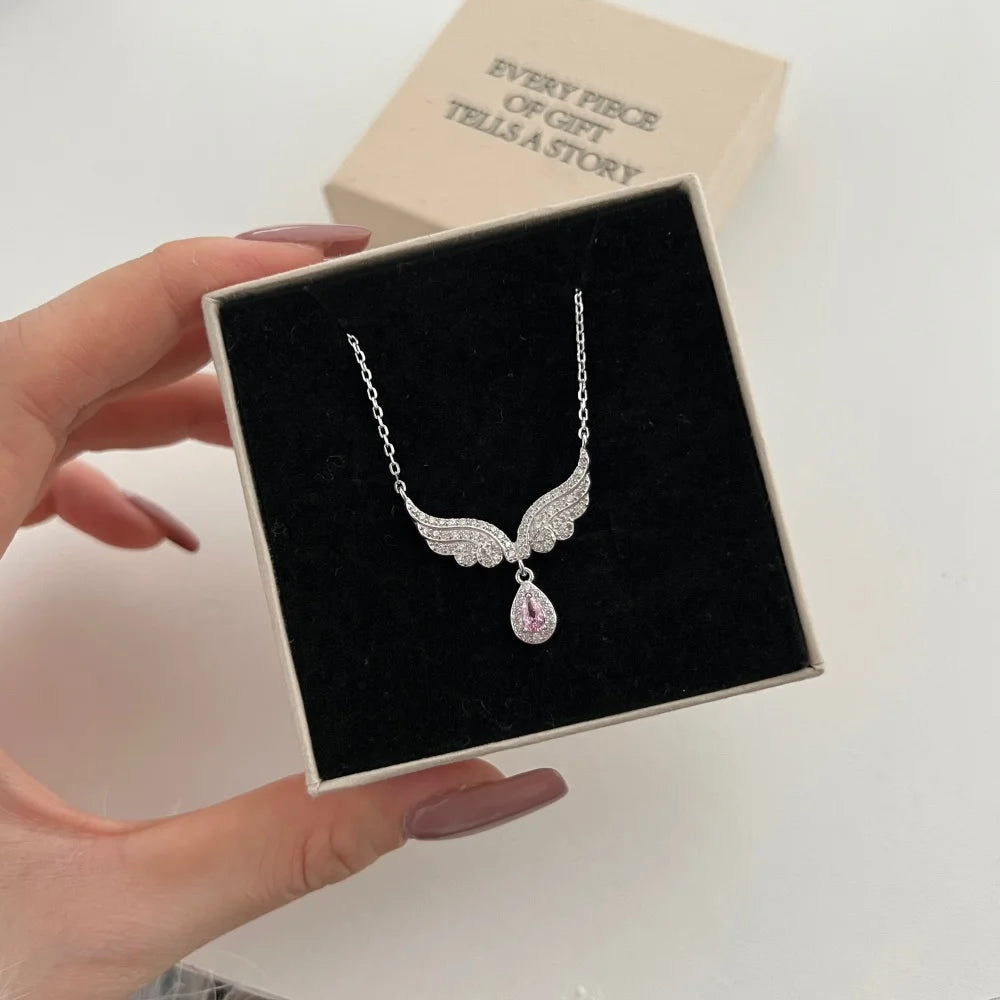 Silver Zircon Pear Cut Wings Waterdrop Pendant Necklace