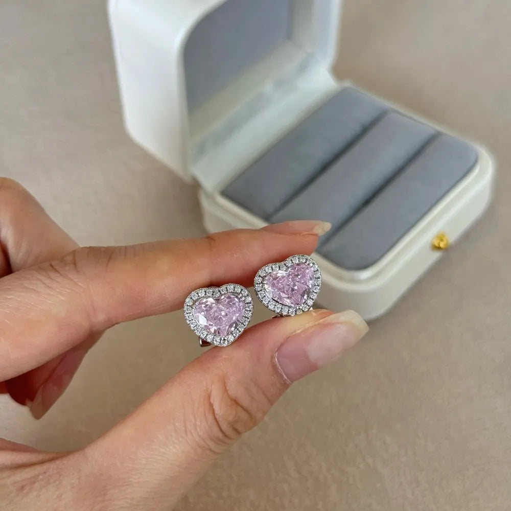 Silver Zircon Heart Cut Hook Inlaid Halo Ear Studs