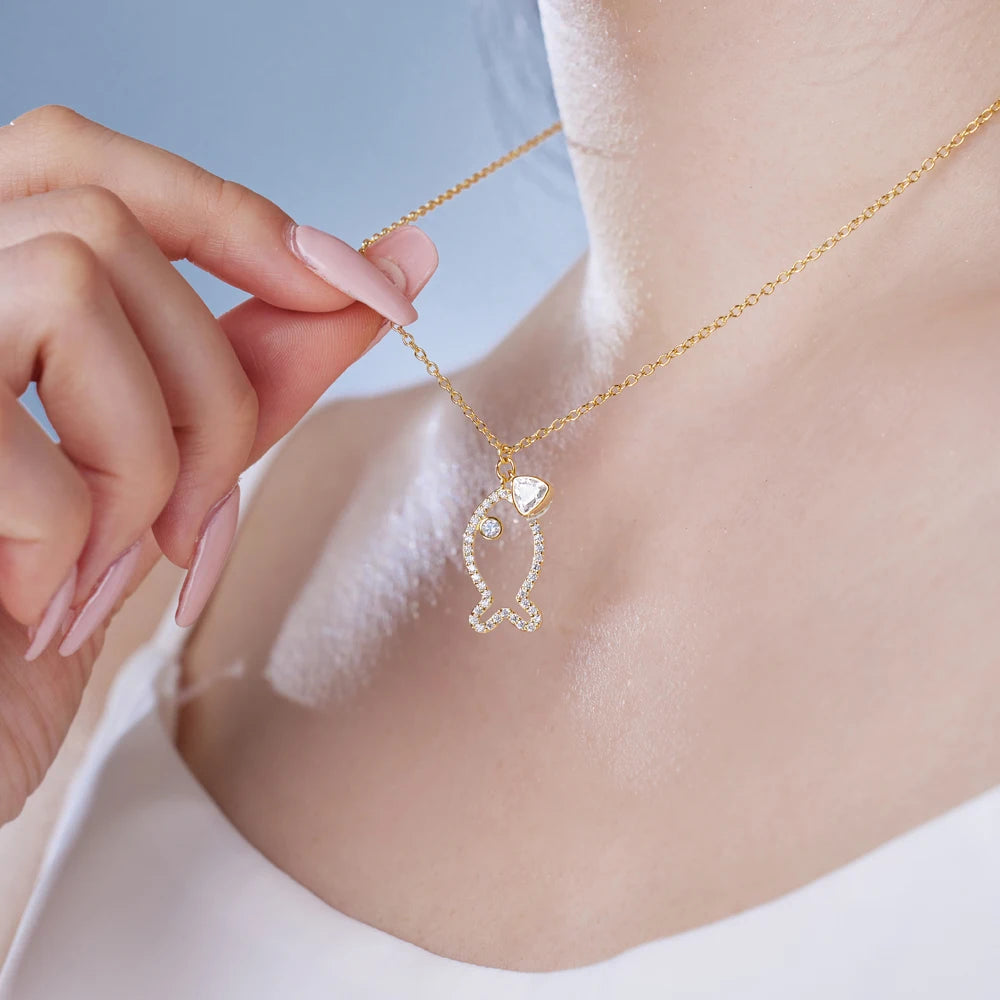 Silver Zircon Trillion Curved Cut Fish Pendant Necklace