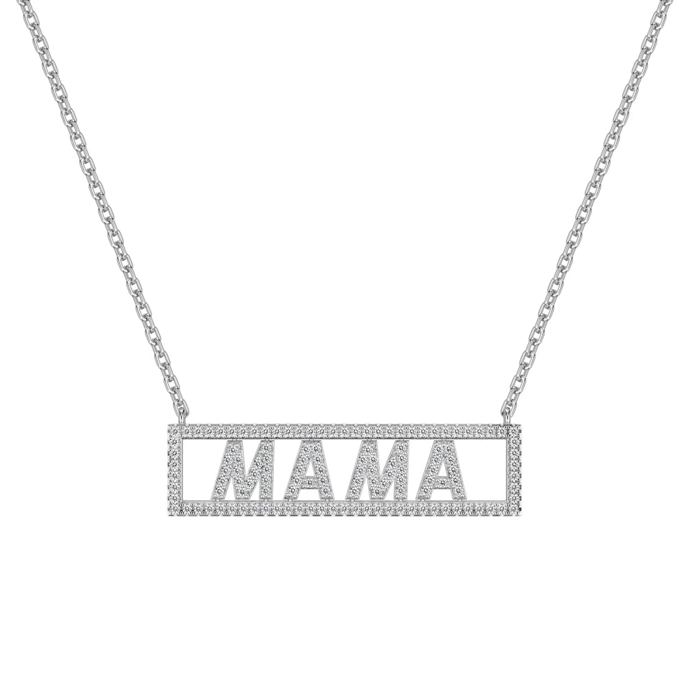 Silver Zircon Round Cut Inlaid Mama Bar Necklace
