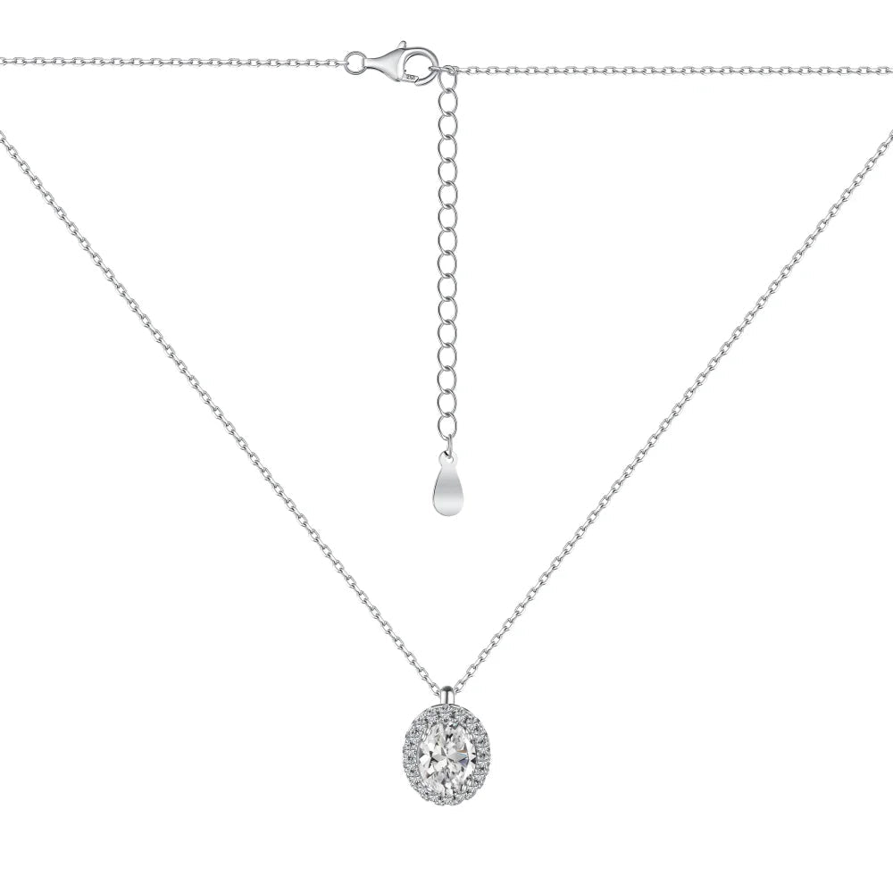 Silver Zircon Oval Cut Halo Pendant Necklace