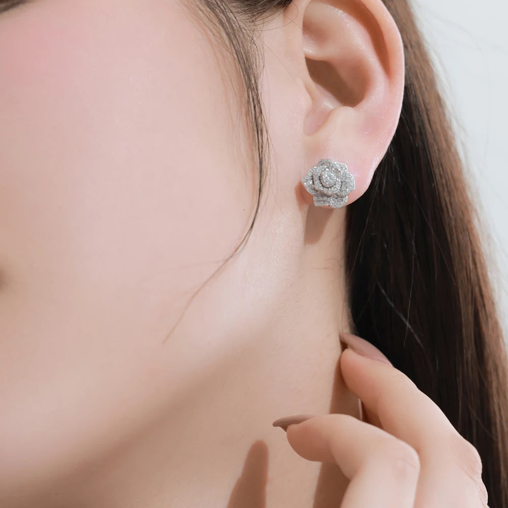 Silver Zircon Round Cut Iced Rose Ear Studs