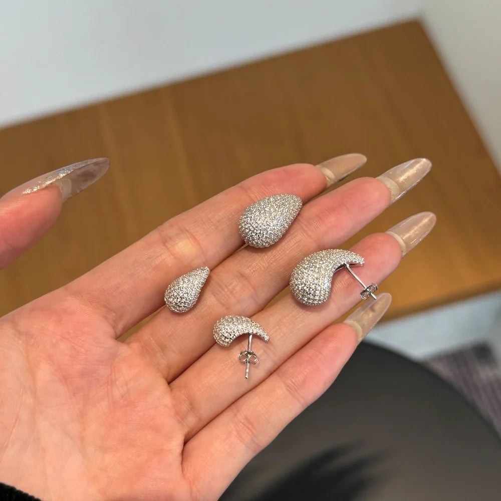 Silver Zircon Round Cut Iced Water Drop Ear Studs