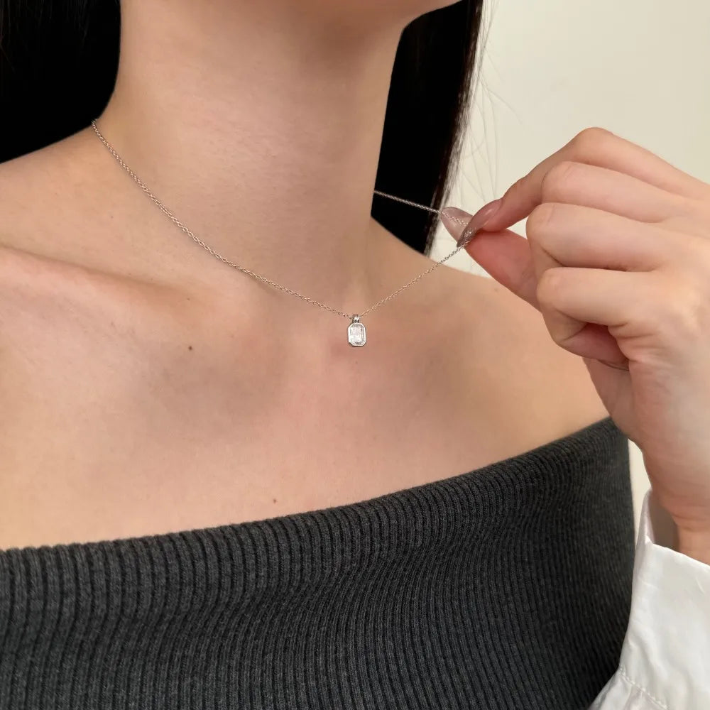 Silver Zircon Radiant Cut Side Single Pendant Necklace