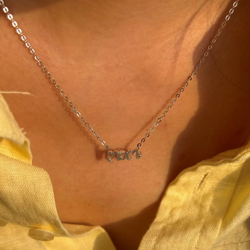 Silver Zircon Round Cut Mom Big Bar Necklace