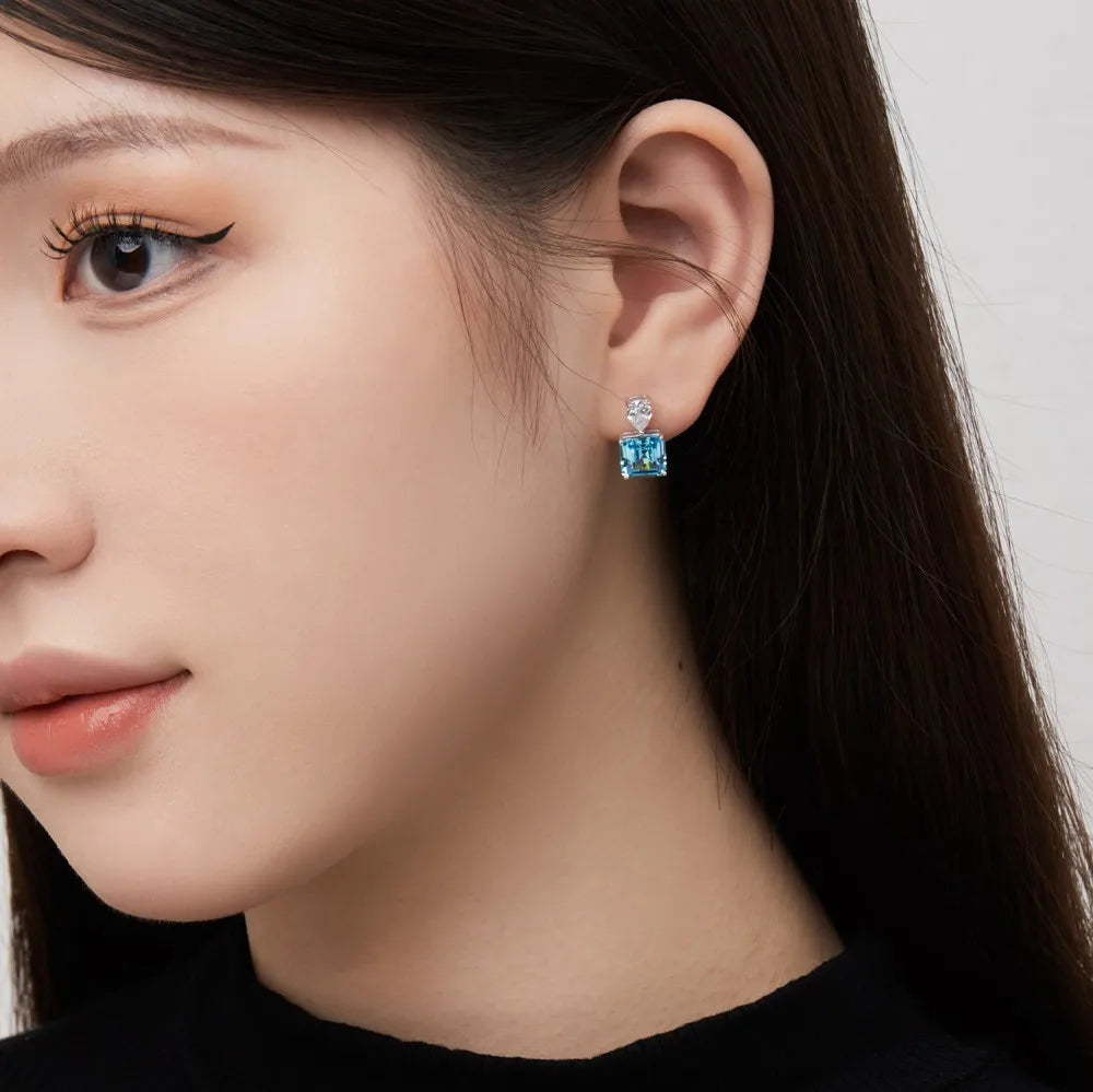 Silver Zircon Emerald Square Cut Squared Tear Ear Studs