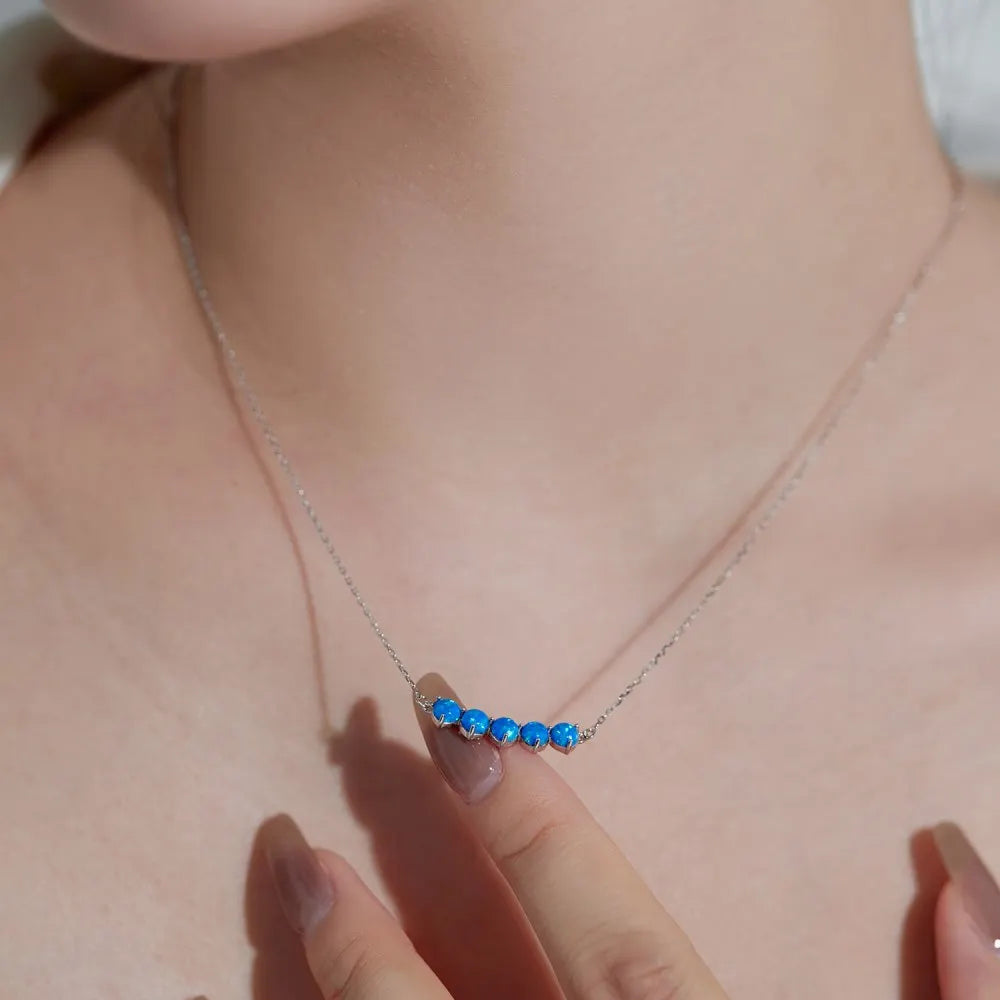 Silver Opal Round Cut Dots Bar Necklace
