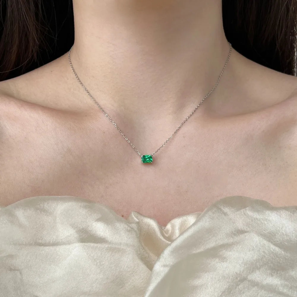 Silver Zircon Emerald Cut Single Pendant Necklace