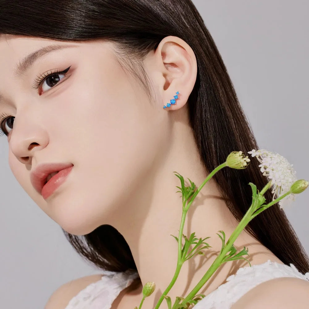 Silver Opal Round Cut Layered Ear Studs