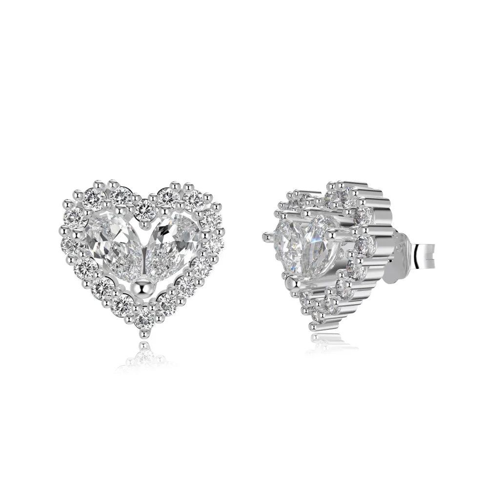 Silver Zircon Pear Cut Iced Heart Ear Studs