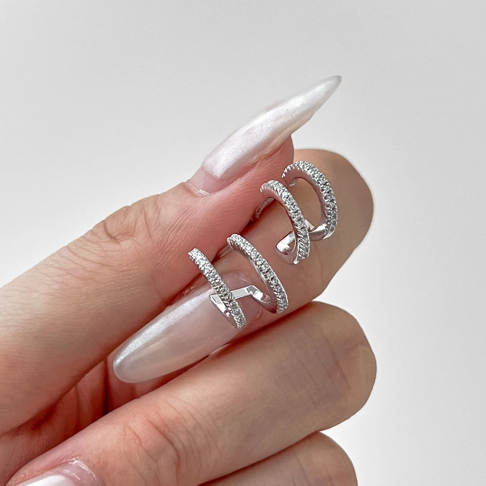 Silver Zircon Round Cut Double Layer Ear Hoops