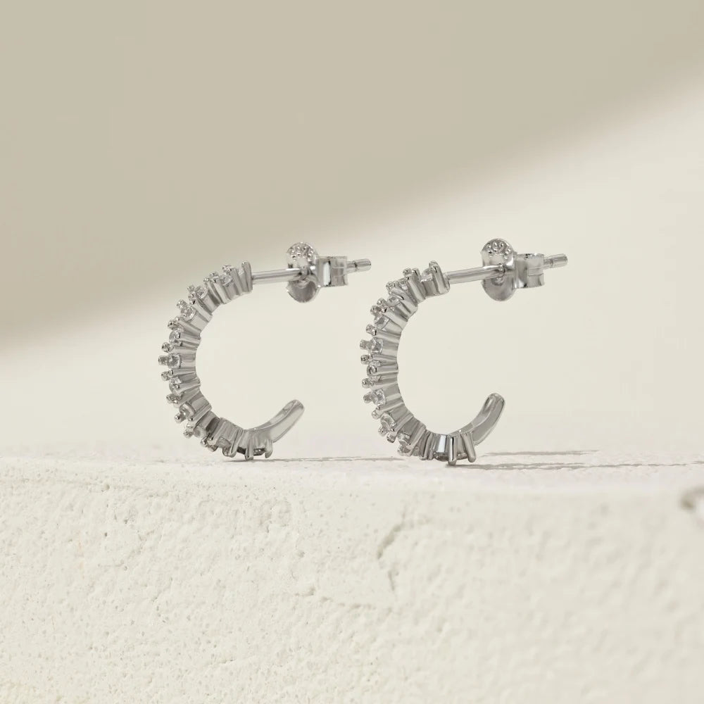 Silver Zircon Round Cut Hook Inlaid Ear Hoops