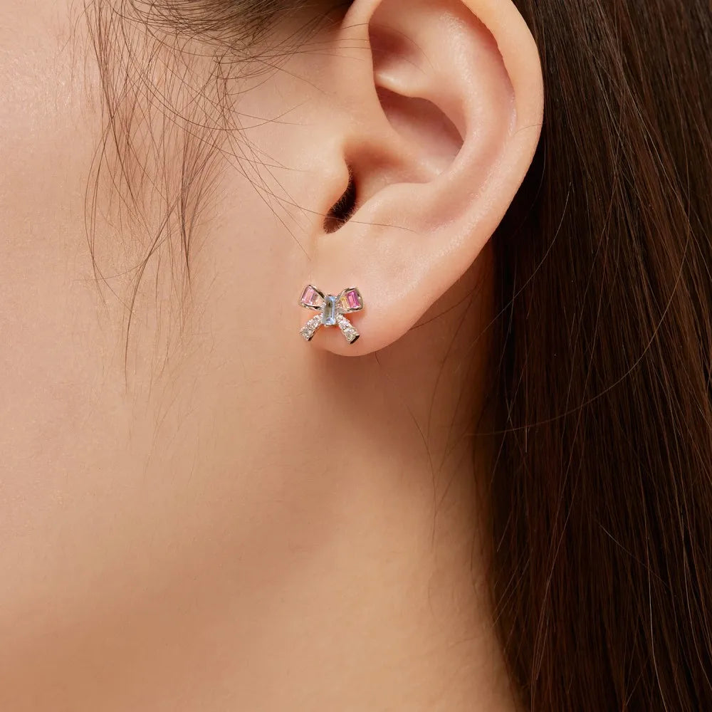 Silver Zircon Baguette Cut Bow Tie Ear Studs