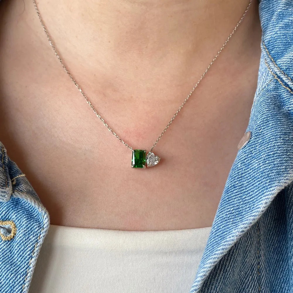 Silver Zircon Radiant Cut Toi Et Moi Pendant Necklace