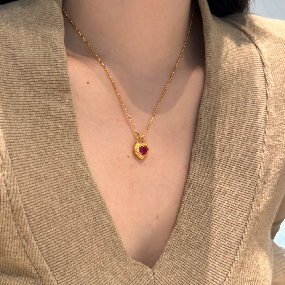 Silver Zircon Heart Cut Heart Lock Pendant Necklace