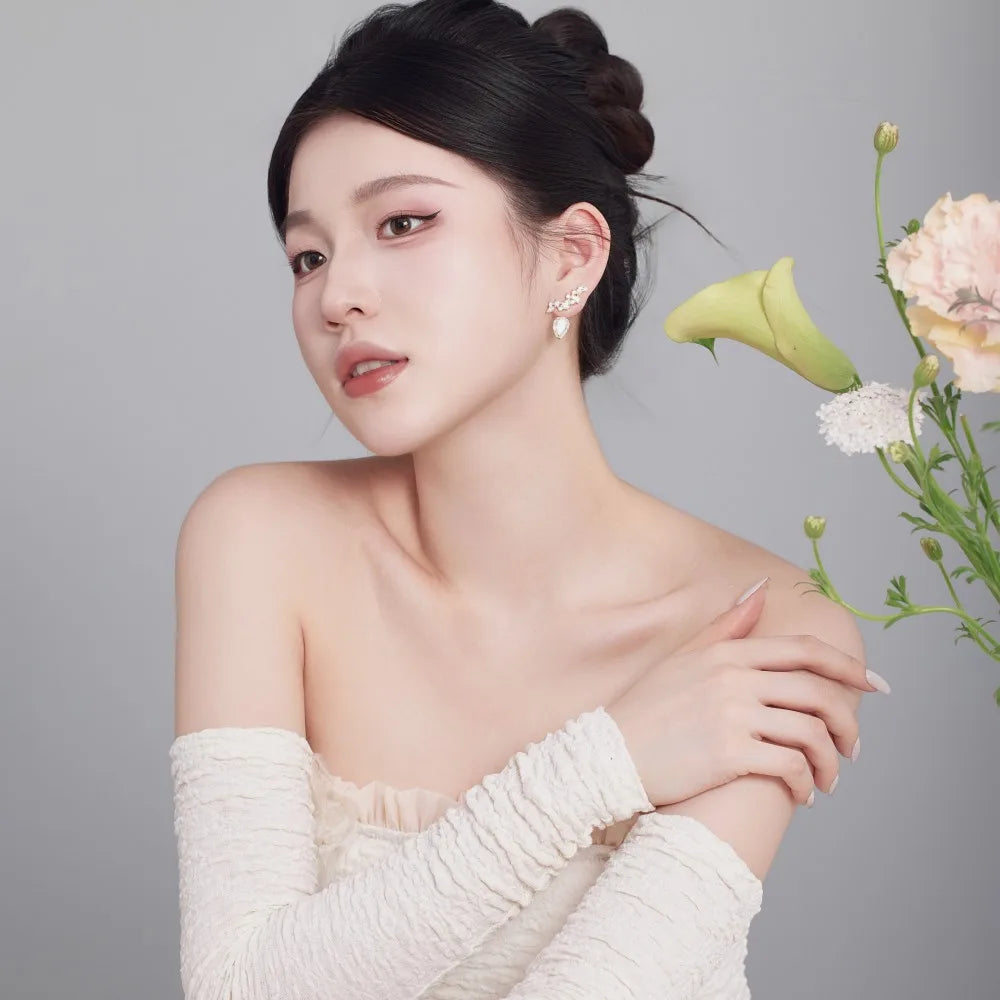 Silver Zircon Pear Cut Irregular Stacked Ear Studs