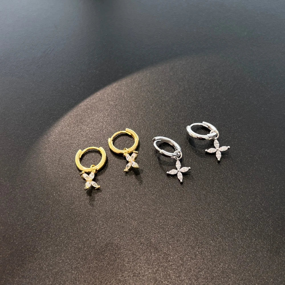 Silver Zircon Marquise Cut Flower Huggie Earrings