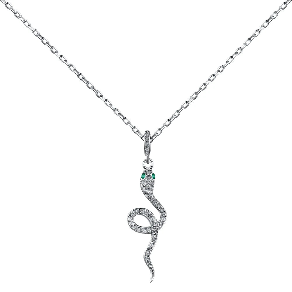 Silver Zircon Round Cut Snake Pendant Necklace