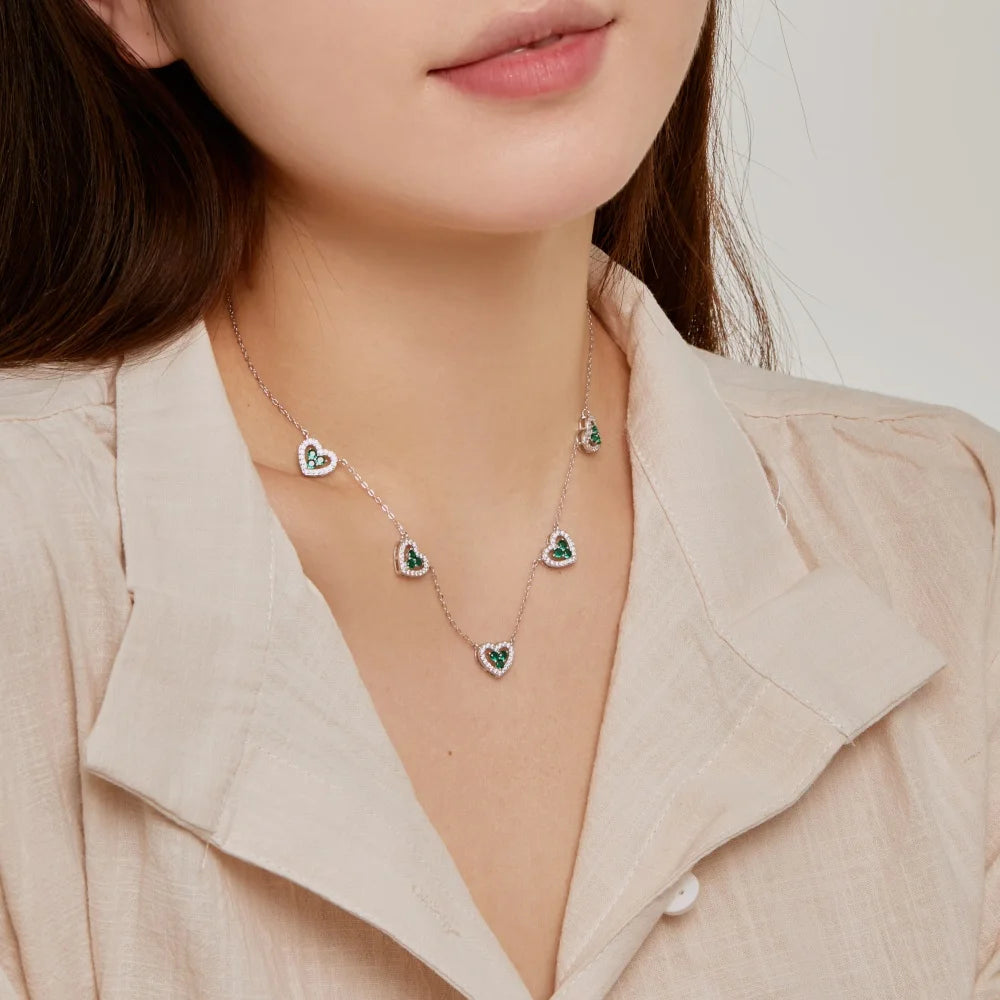 Silver Zircon Round Cut Heart Chain Necklace