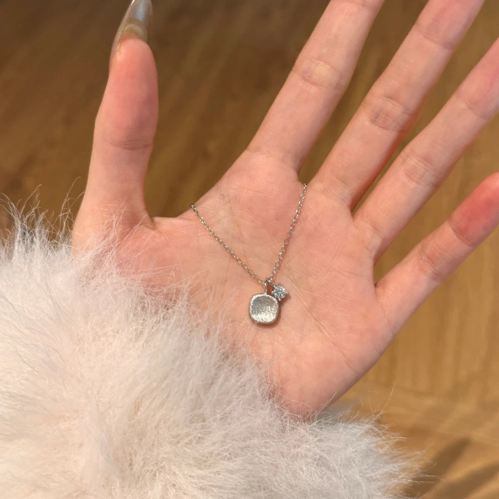 Silver Zircon Round Cut Block Pendant Necklace