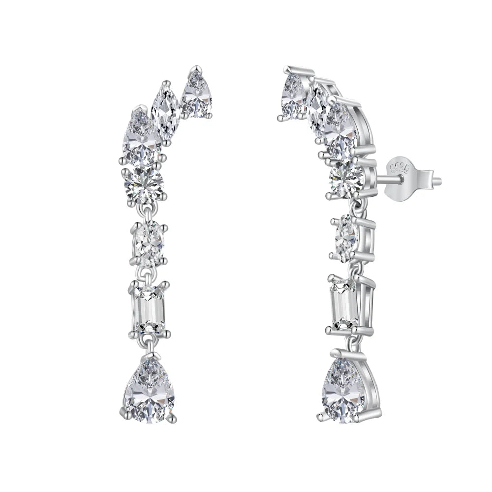 Silver Zircon Pear Cut Iced Tassel Tear Drop Earrings