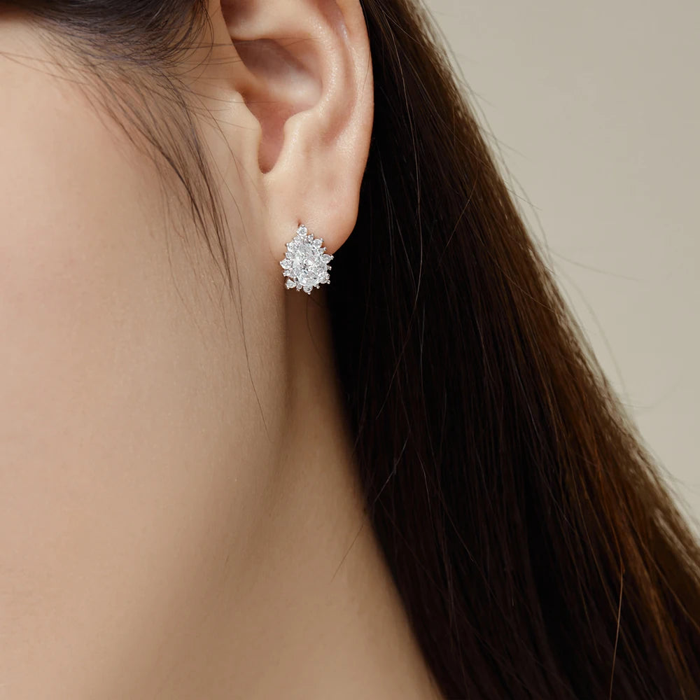 Silver Zircon Pear Cut Halo Water Drop Huggie Earrings