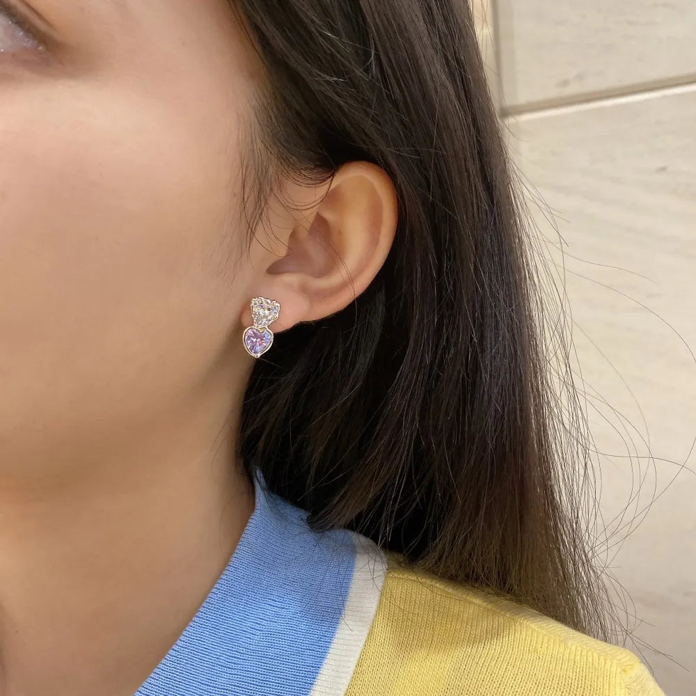Silver Zircon Heart Cut Stacked Ear Studs