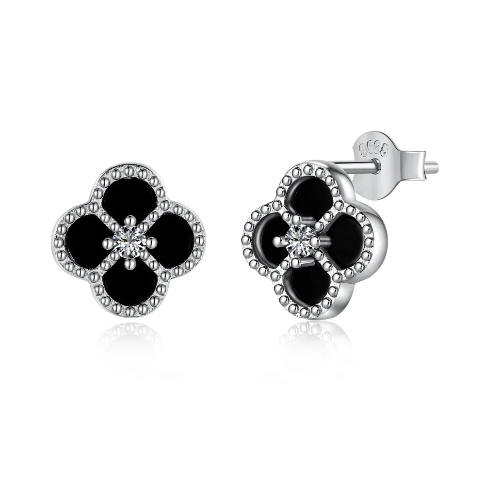 Silver Zircon Round Cut Clover Ear Studs