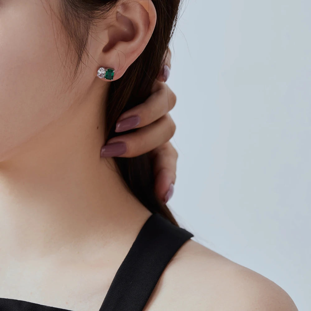 Silver Zircon Emerald Cut Multi Shape Ear Studs