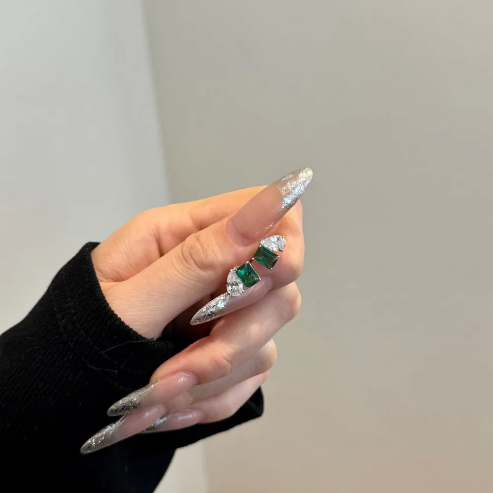 Silver Zircon Emerald Cut Inlaid Multi Shape Ear Studs