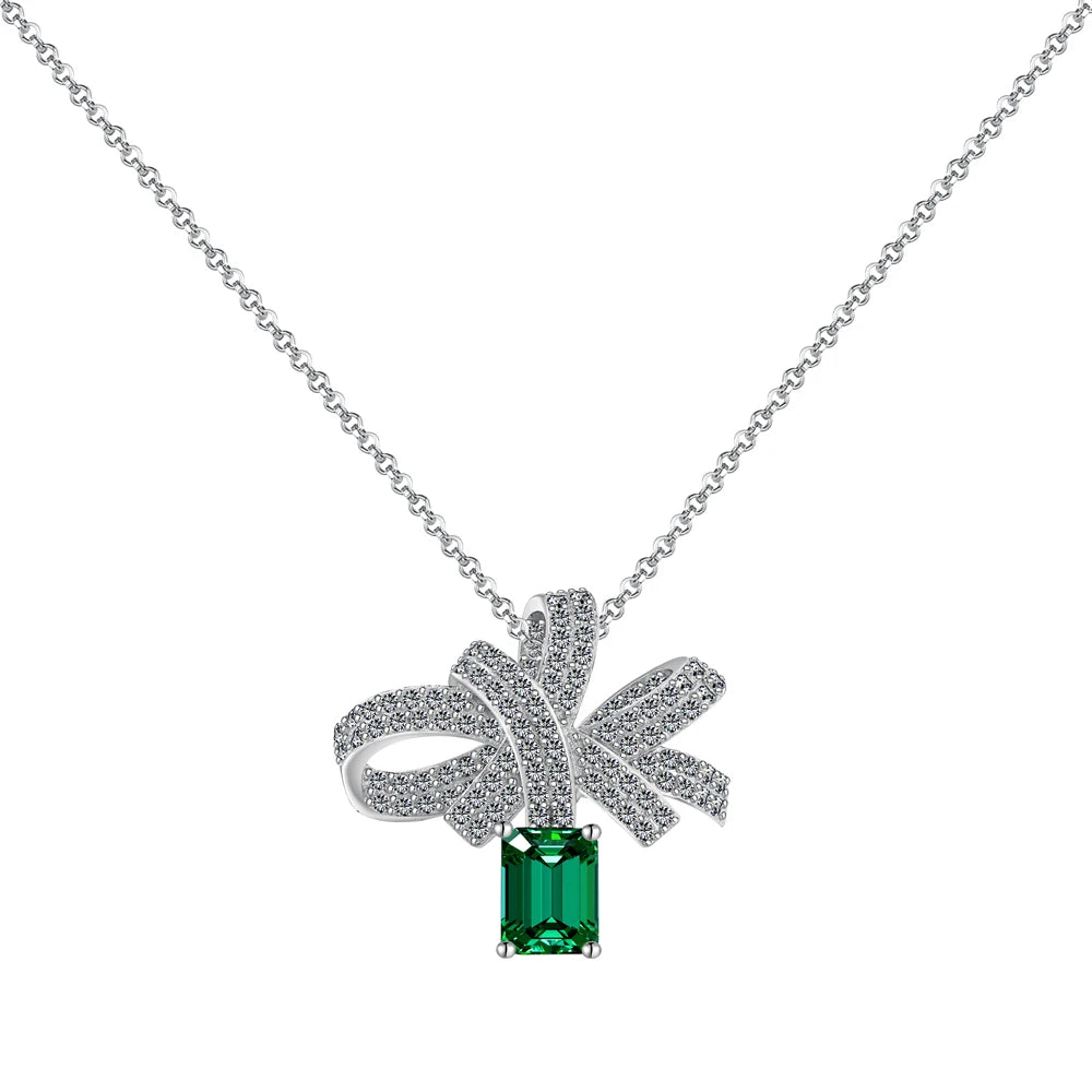 Silver Zircon Emerald Cut Bow Knot Pendant Necklace